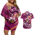 Personalized QLD Rugby League Couples Matching Off Shoulder Short Dress and Hawaiian Shirt Maroons Aboriginal Art