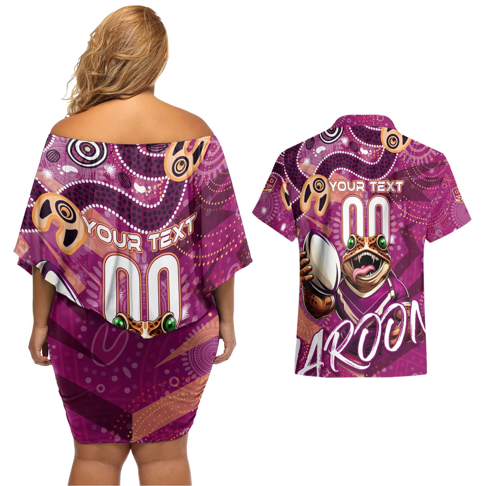 Personalized QLD Rugby League Couples Matching Off Shoulder Short Dress and Hawaiian Shirt Maroons Aboriginal Art