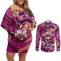Personalized QLD Rugby League Couples Matching Off Shoulder Short Dress and Long Sleeve Button Shirt Maroons Aboriginal Art