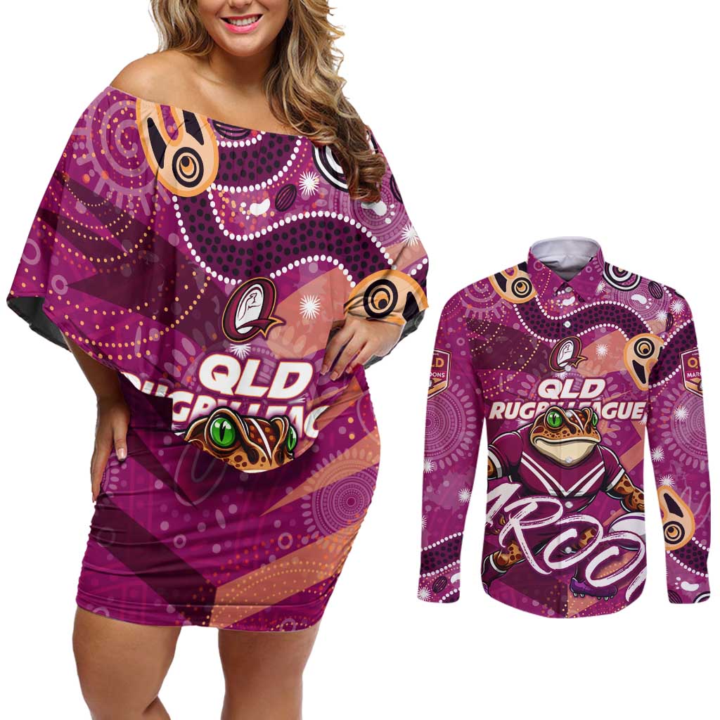 Personalized QLD Rugby League Couples Matching Off Shoulder Short Dress and Long Sleeve Button Shirt Maroons Aboriginal Art