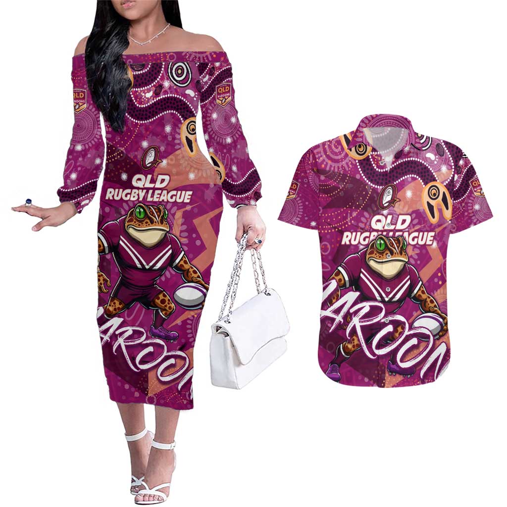 Personalized QLD Rugby League Couples Matching Off The Shoulder Long Sleeve Dress and Hawaiian Shirt Maroons Aboriginal Art