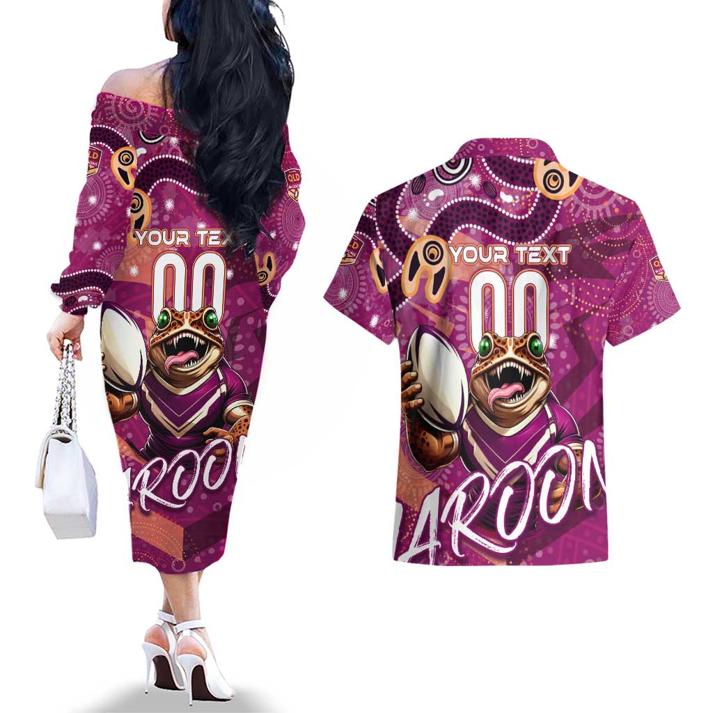Personalized QLD Rugby League Couples Matching Off The Shoulder Long Sleeve Dress and Hawaiian Shirt Maroons Aboriginal Art