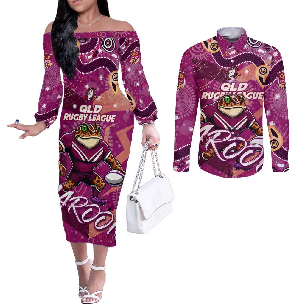 Personalized QLD Rugby League Couples Matching Off The Shoulder Long Sleeve Dress and Long Sleeve Button Shirt Maroons Aboriginal Art
