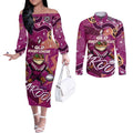 Personalized QLD Rugby League Couples Matching Off The Shoulder Long Sleeve Dress and Long Sleeve Button Shirt Maroons Aboriginal Art