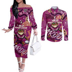 Personalized QLD Rugby League Couples Matching Off The Shoulder Long Sleeve Dress and Long Sleeve Button Shirt Maroons Aboriginal Art