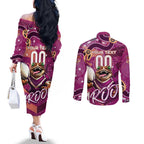 Personalized QLD Rugby League Couples Matching Off The Shoulder Long Sleeve Dress and Long Sleeve Button Shirt Maroons Aboriginal Art