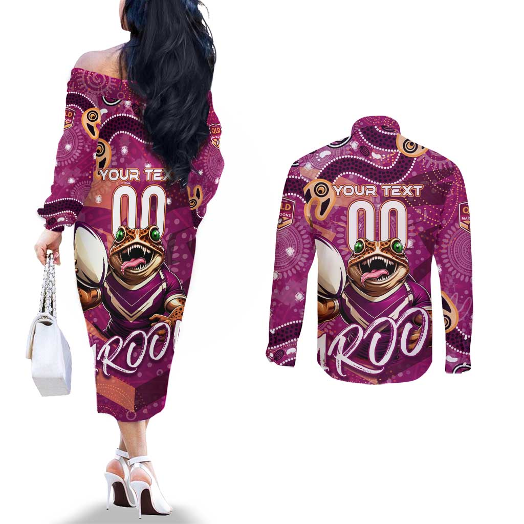 Personalized QLD Rugby League Couples Matching Off The Shoulder Long Sleeve Dress and Long Sleeve Button Shirt Maroons Aboriginal Art