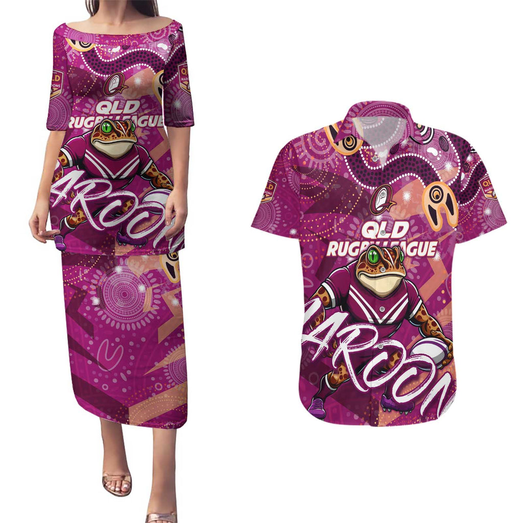 Personalized QLD Rugby League Couples Matching Puletasi and Hawaiian Shirt Maroons Aboriginal Art