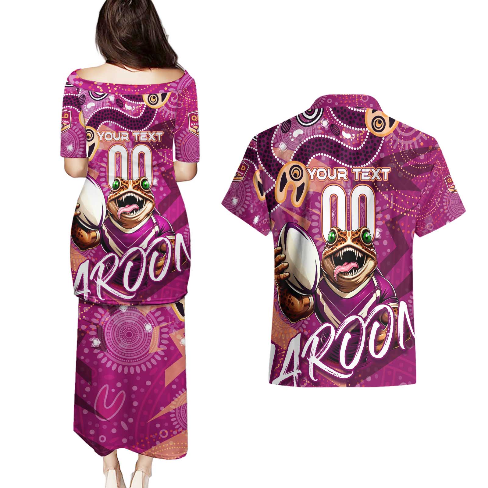Personalized QLD Rugby League Couples Matching Puletasi and Hawaiian Shirt Maroons Aboriginal Art