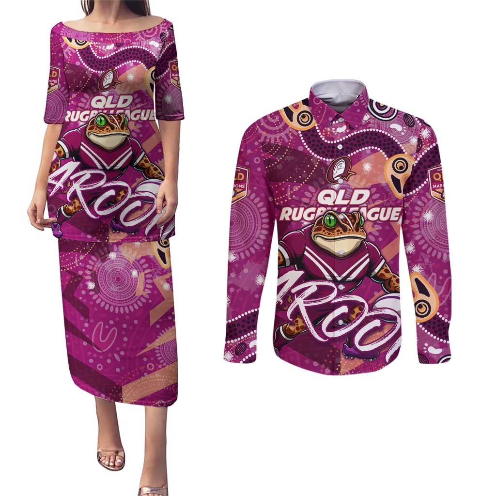 Personalized QLD Rugby League Couples Matching Puletasi and Long Sleeve Button Shirt Maroons Aboriginal Art