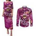 Personalized QLD Rugby League Couples Matching Puletasi and Long Sleeve Button Shirt Maroons Aboriginal Art