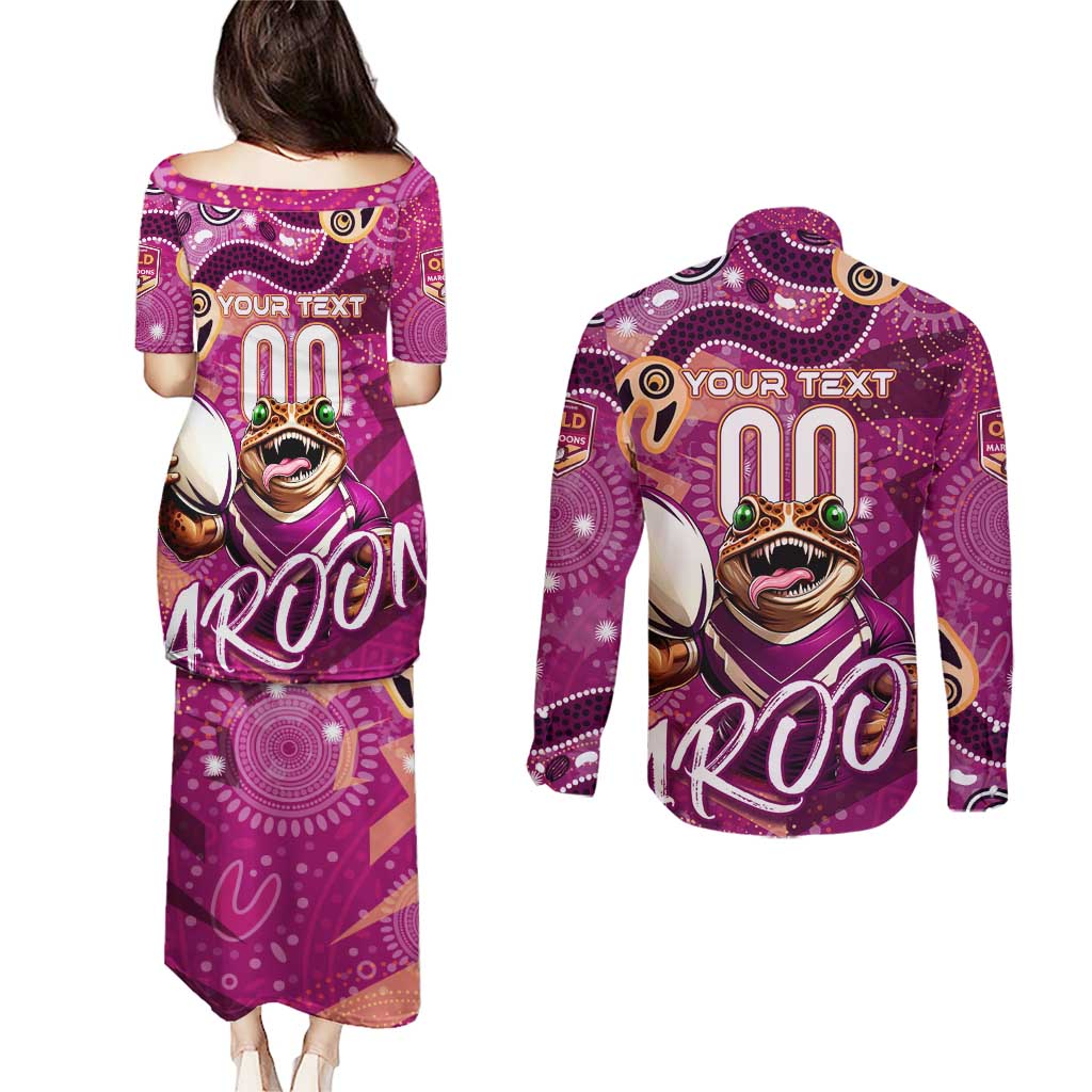 Personalized QLD Rugby League Couples Matching Puletasi and Long Sleeve Button Shirt Maroons Aboriginal Art