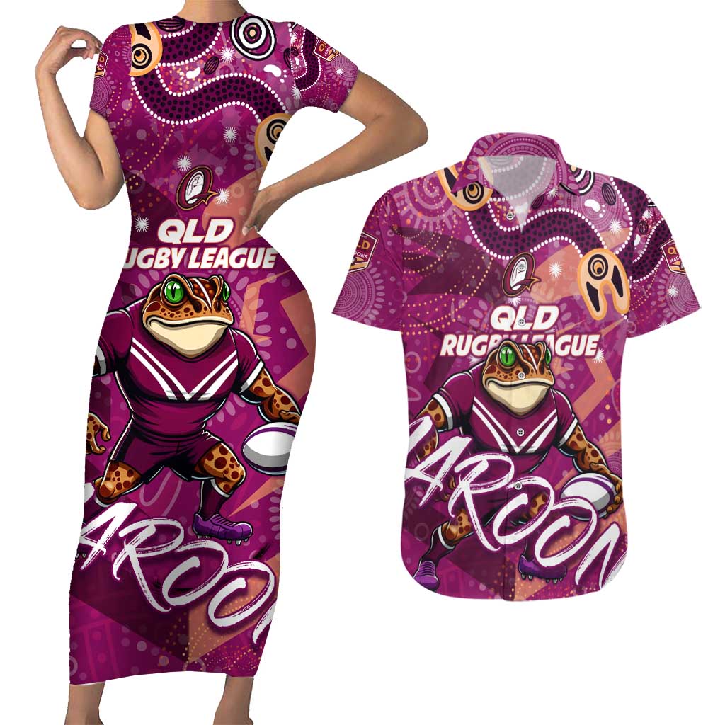 Personalized QLD Rugby League Couples Matching Short Sleeve Bodycon Dress and Hawaiian Shirt Maroons Aboriginal Art
