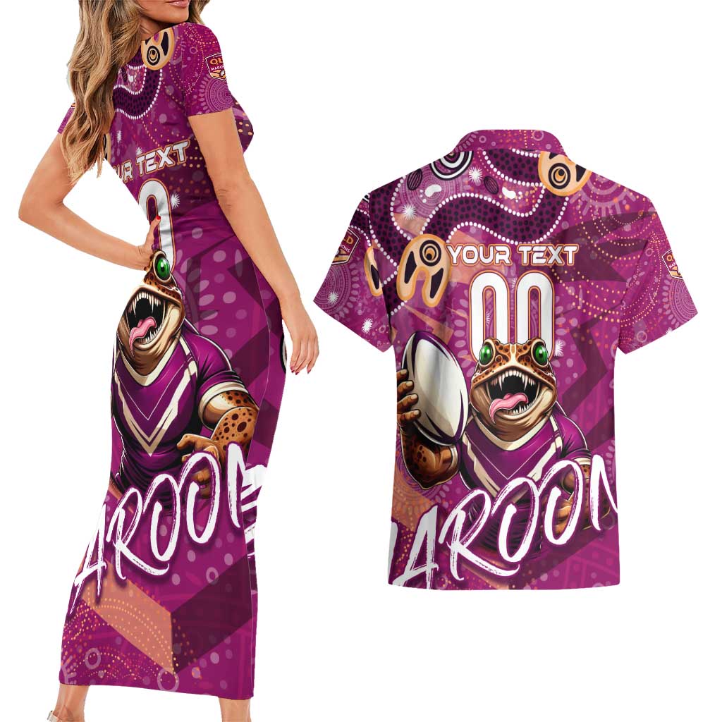 Personalized QLD Rugby League Couples Matching Short Sleeve Bodycon Dress and Hawaiian Shirt Maroons Aboriginal Art