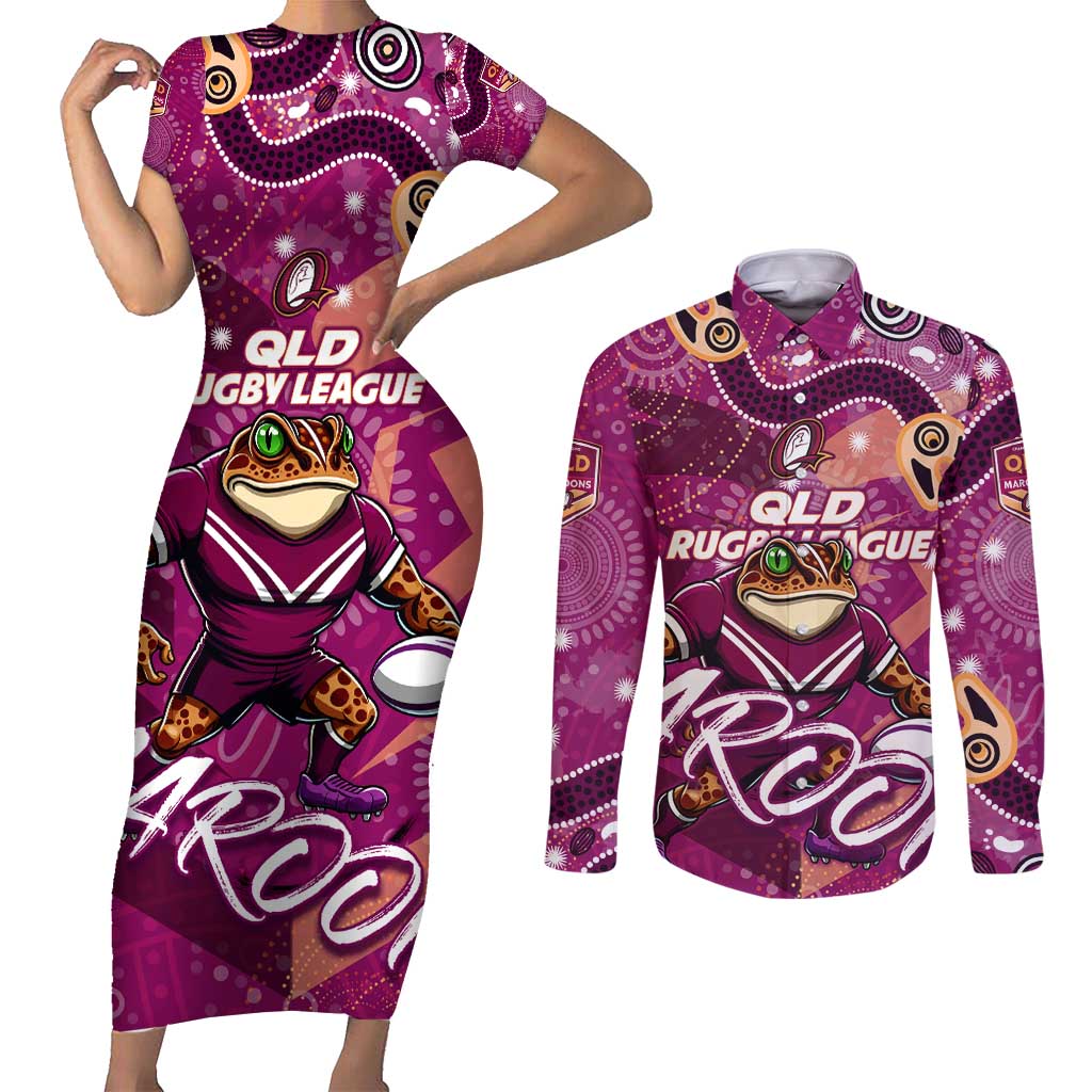 Personalized QLD Rugby League Couples Matching Short Sleeve Bodycon Dress and Long Sleeve Button Shirt Maroons Aboriginal Art