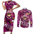 Personalized QLD Rugby League Couples Matching Short Sleeve Bodycon Dress and Long Sleeve Button Shirt Maroons Aboriginal Art