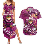 Personalized QLD Rugby League Couples Matching Summer Maxi Dress and Hawaiian Shirt Maroons Aboriginal Art