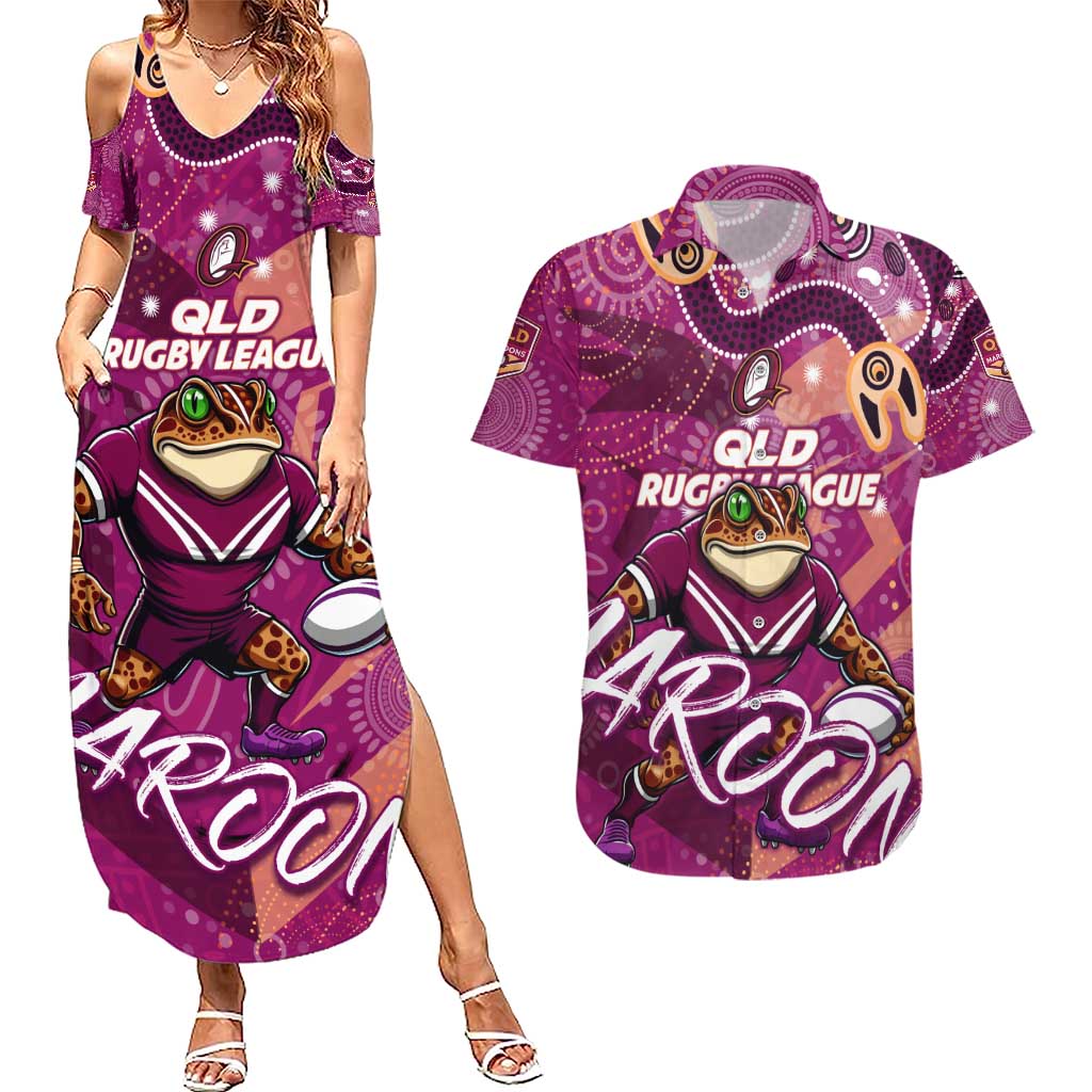 Personalized QLD Rugby League Couples Matching Summer Maxi Dress and Hawaiian Shirt Maroons Aboriginal Art