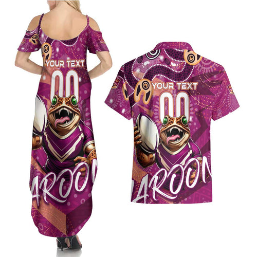 Personalized QLD Rugby League Couples Matching Summer Maxi Dress and Hawaiian Shirt Maroons Aboriginal Art