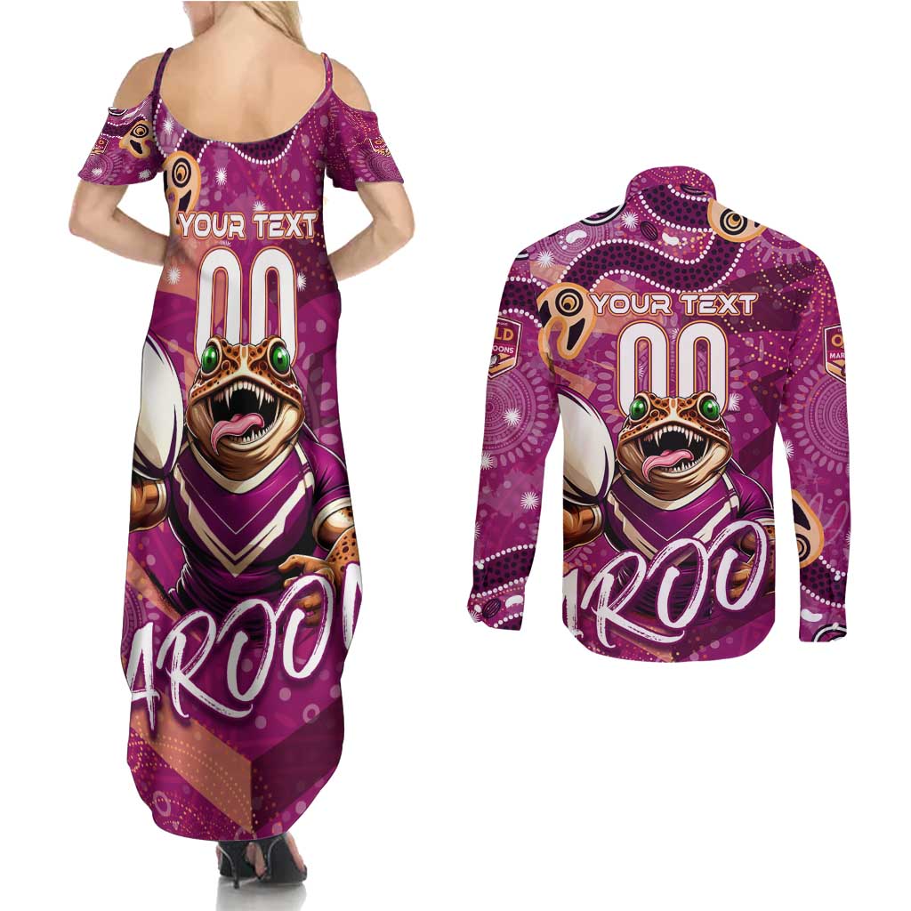 Personalized QLD Rugby League Couples Matching Summer Maxi Dress and Long Sleeve Button Shirt Maroons Aboriginal Art