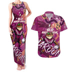 Personalized QLD Rugby League Couples Matching Tank Maxi Dress and Hawaiian Shirt Maroons Aboriginal Art