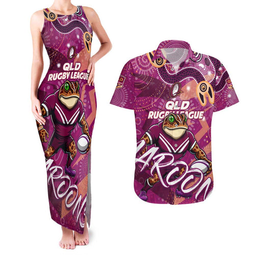 Personalized QLD Rugby League Couples Matching Tank Maxi Dress and Hawaiian Shirt Maroons Aboriginal Art