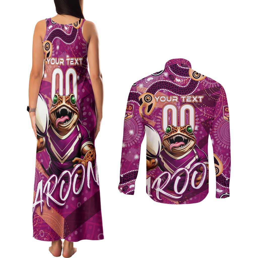 Personalized QLD Rugby League Couples Matching Tank Maxi Dress and Long Sleeve Button Shirt Maroons Aboriginal Art