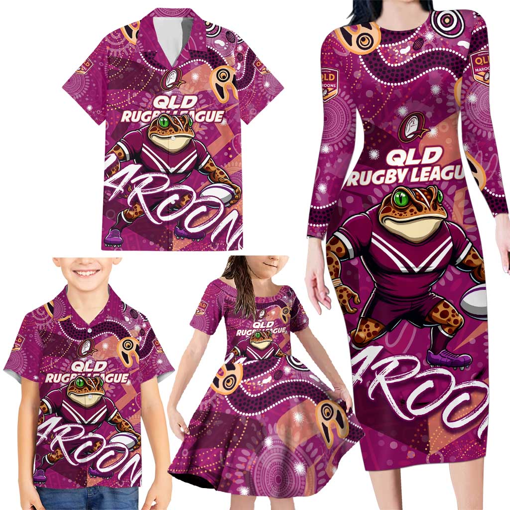 Personalized QLD Rugby League Family Matching Long Sleeve Bodycon Dress and Hawaiian Shirt Maroons Aboriginal Art