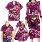Personalized QLD Rugby League Family Matching Long Sleeve Bodycon Dress and Hawaiian Shirt Maroons Aboriginal Art