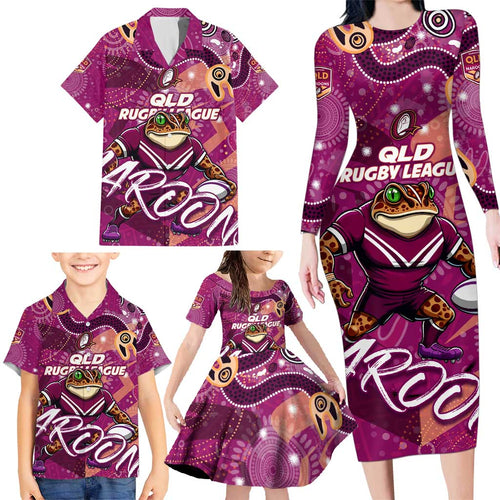 Personalized QLD Rugby League Family Matching Long Sleeve Bodycon Dress and Hawaiian Shirt Maroons Aboriginal Art