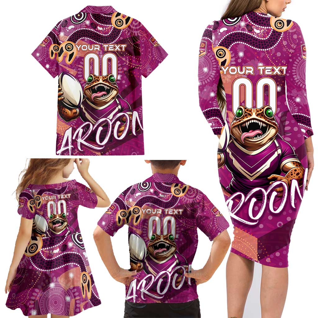 Personalized QLD Rugby League Family Matching Long Sleeve Bodycon Dress and Hawaiian Shirt Maroons Aboriginal Art