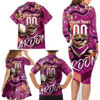 Personalized QLD Rugby League Family Matching Long Sleeve Bodycon Dress and Hawaiian Shirt Maroons Aboriginal Art