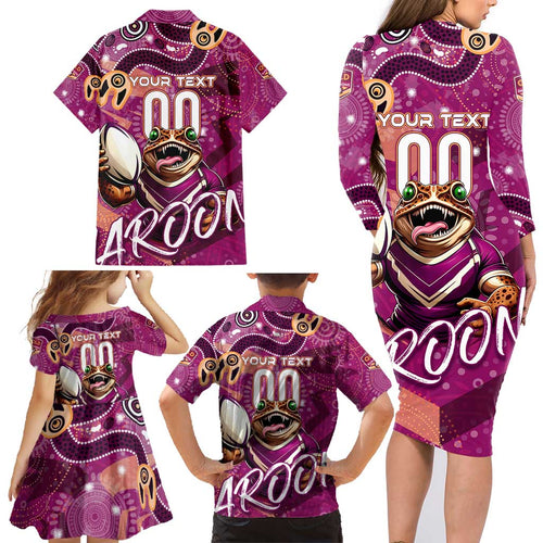 Personalized QLD Rugby League Family Matching Long Sleeve Bodycon Dress and Hawaiian Shirt Maroons Aboriginal Art