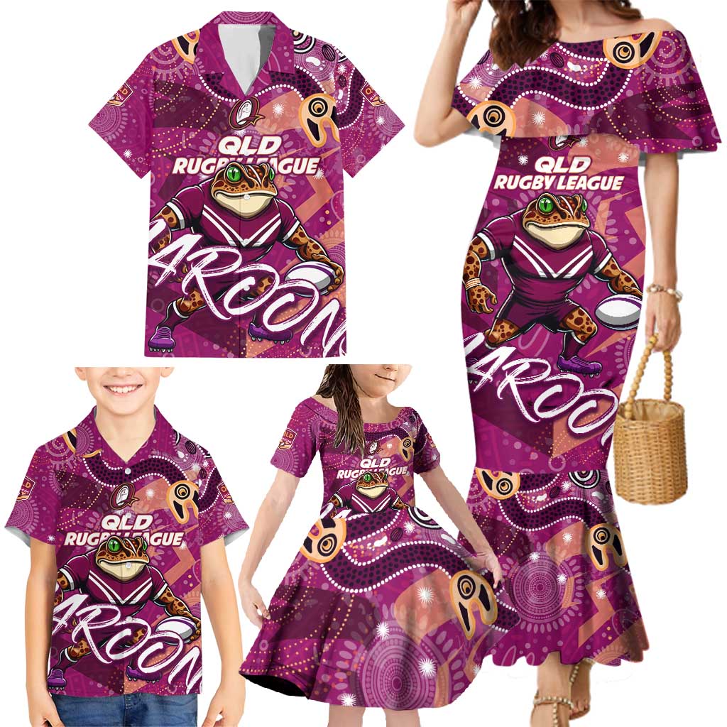 Personalized QLD Rugby League Family Matching Mermaid Dress and Hawaiian Shirt Maroons Aboriginal Art