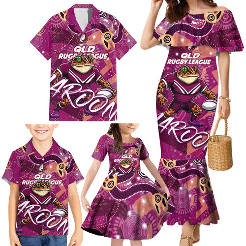 Personalized QLD Rugby League Family Matching Mermaid Dress and Hawaiian Shirt Maroons Aboriginal Art