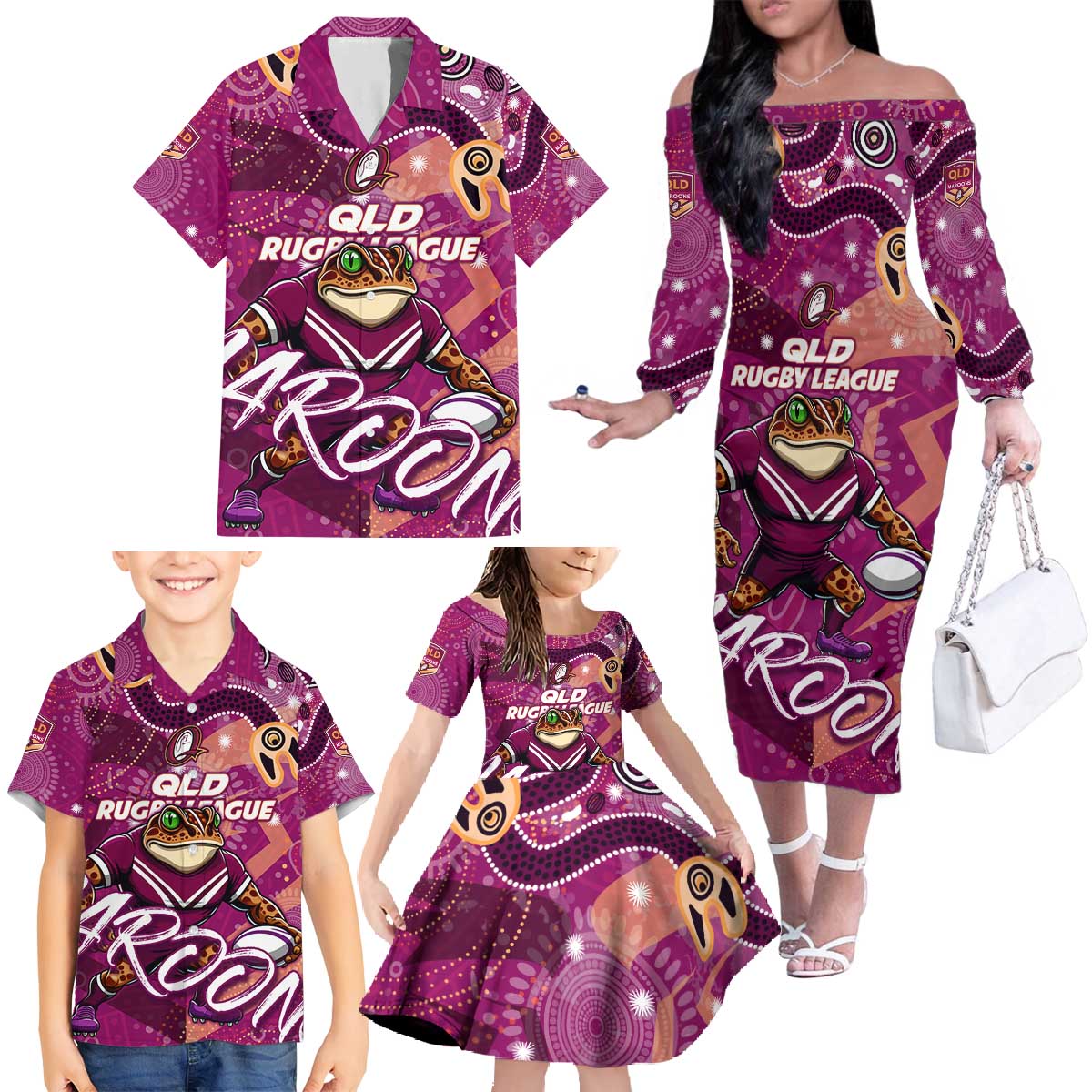 Personalized QLD Rugby League Family Matching Off The Shoulder Long Sleeve Dress and Hawaiian Shirt Maroons Aboriginal Art