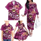 Personalized QLD Rugby League Family Matching Off The Shoulder Long Sleeve Dress and Hawaiian Shirt Maroons Aboriginal Art