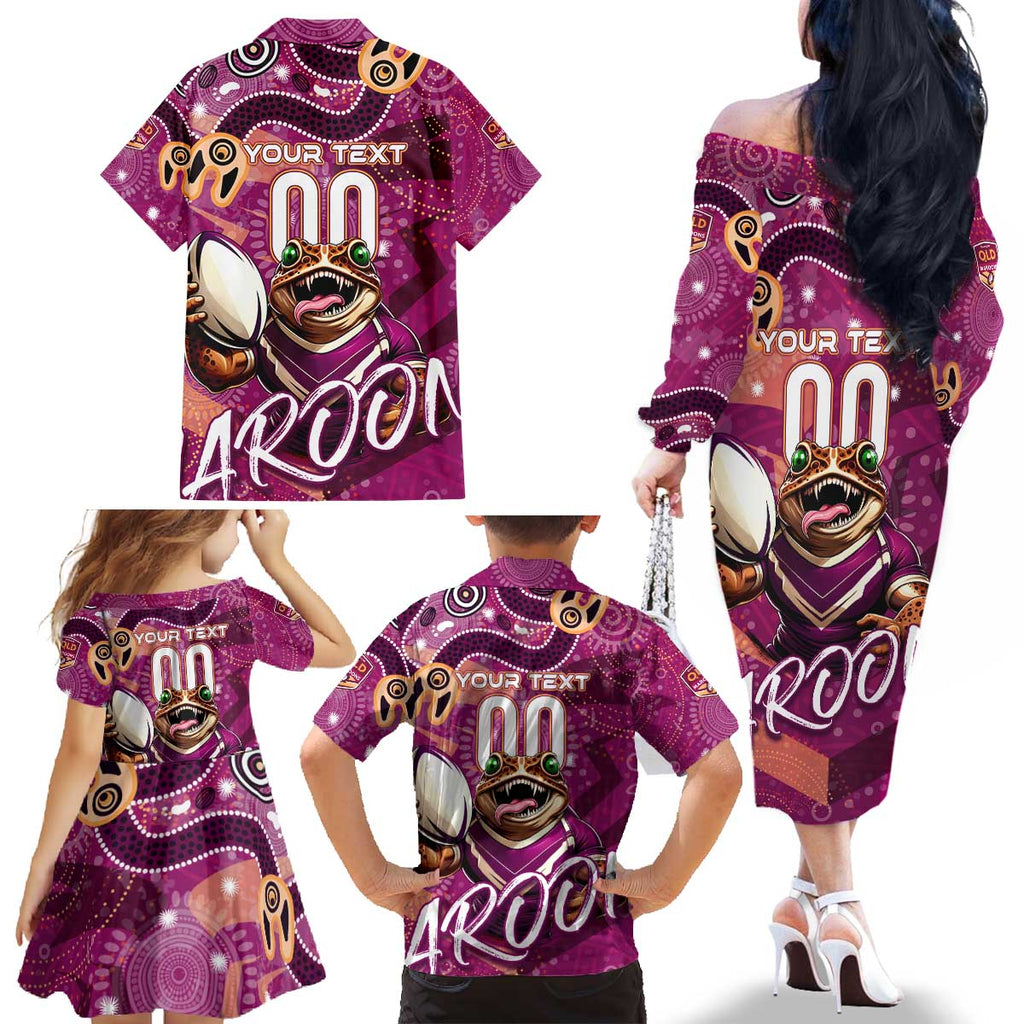 Personalized QLD Rugby League Family Matching Off The Shoulder Long Sleeve Dress and Hawaiian Shirt Maroons Aboriginal Art