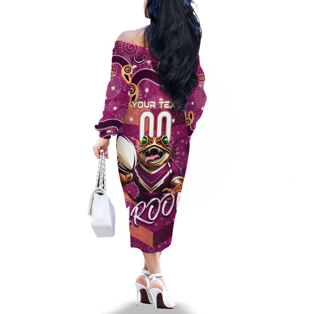 Personalized QLD Rugby League Family Matching Off The Shoulder Long Sleeve Dress and Hawaiian Shirt Maroons Aboriginal Art