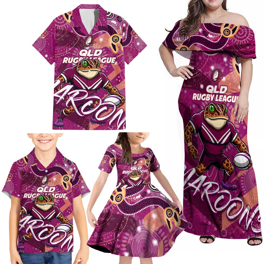 Personalized QLD Rugby League Family Matching Off Shoulder Maxi Dress and Hawaiian Shirt Maroons Aboriginal Art