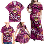 Personalized QLD Rugby League Family Matching Off Shoulder Maxi Dress and Hawaiian Shirt Maroons Aboriginal Art