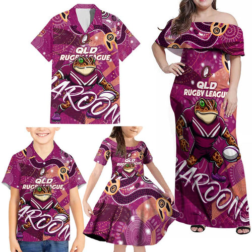 Personalized QLD Rugby League Family Matching Off Shoulder Maxi Dress and Hawaiian Shirt Maroons Aboriginal Art