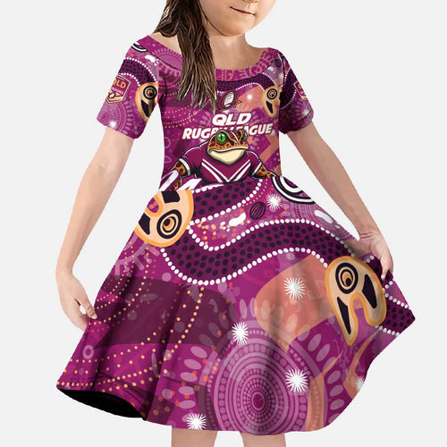 Personalized QLD Rugby League Family Matching Off Shoulder Maxi Dress and Hawaiian Shirt Maroons Aboriginal Art