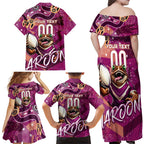 Personalized QLD Rugby League Family Matching Off Shoulder Maxi Dress and Hawaiian Shirt Maroons Aboriginal Art