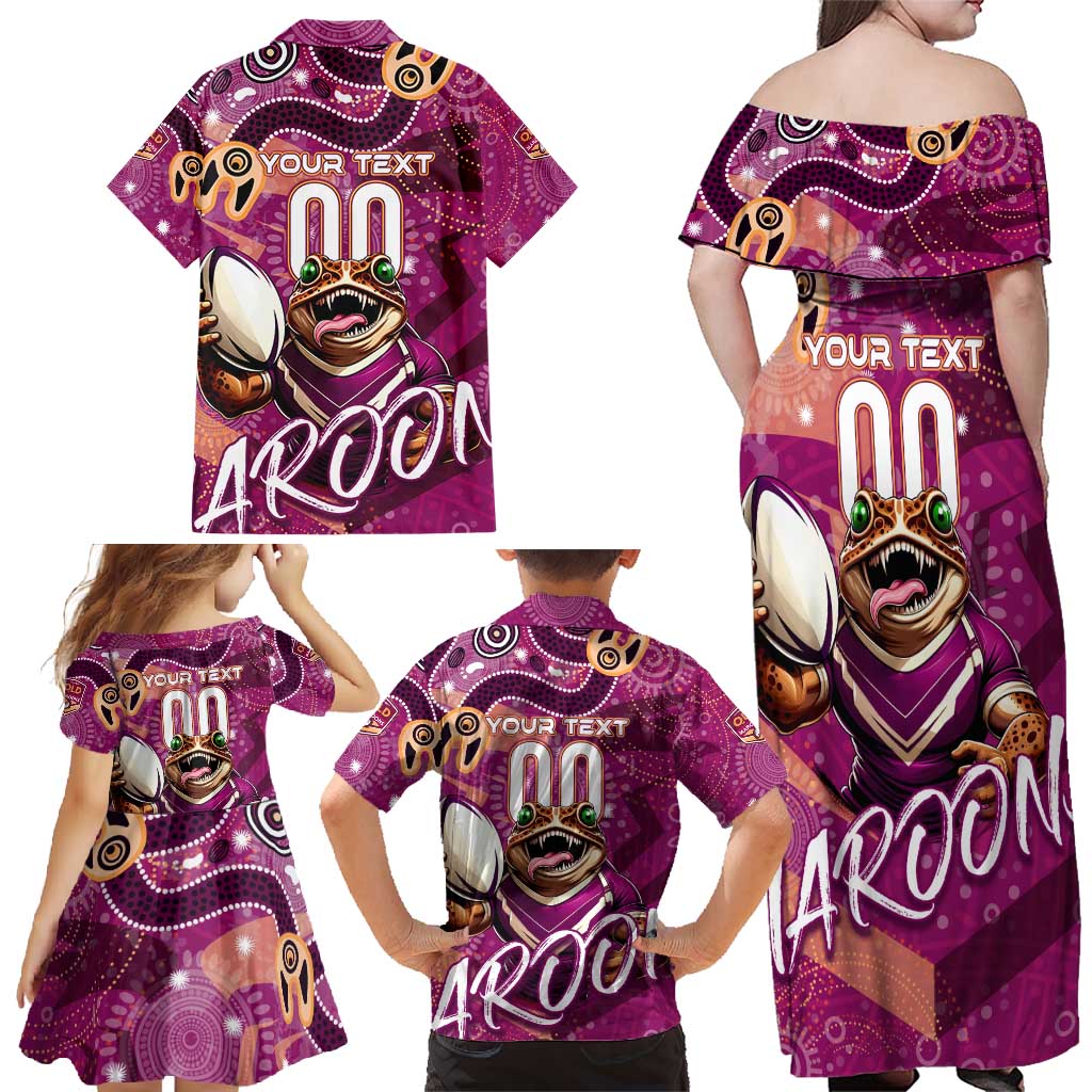 Personalized QLD Rugby League Family Matching Off Shoulder Maxi Dress and Hawaiian Shirt Maroons Aboriginal Art