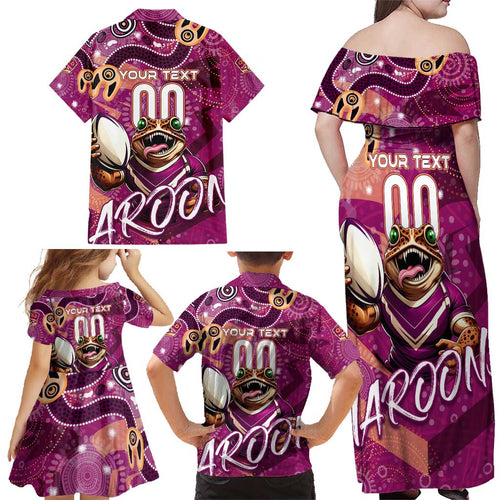 Personalized QLD Rugby League Family Matching Off Shoulder Maxi Dress and Hawaiian Shirt Maroons Aboriginal Art