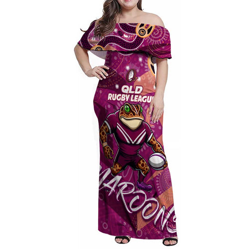 Personalized QLD Rugby League Family Matching Off Shoulder Maxi Dress and Hawaiian Shirt Maroons Aboriginal Art