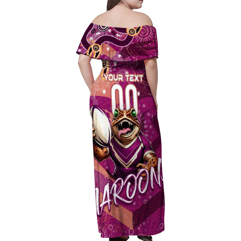 Personalized QLD Rugby League Family Matching Off Shoulder Maxi Dress and Hawaiian Shirt Maroons Aboriginal Art