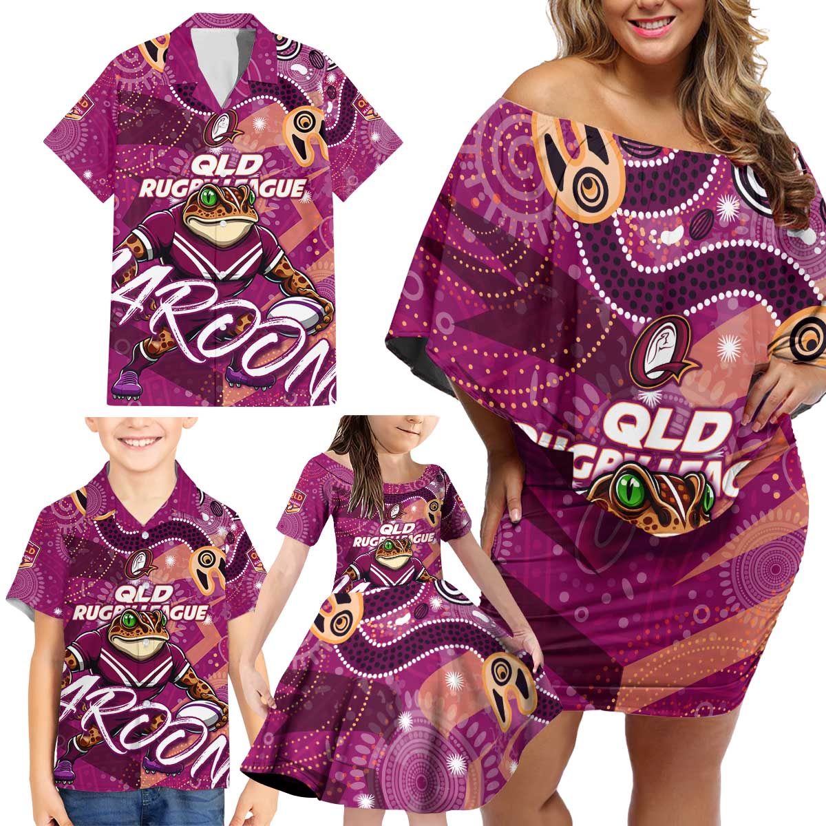 Personalized QLD Rugby League Family Matching Off Shoulder Short Dress and Hawaiian Shirt Maroons Aboriginal Art