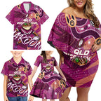 Personalized QLD Rugby League Family Matching Off Shoulder Short Dress and Hawaiian Shirt Maroons Aboriginal Art